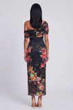 Vestido largo largo floral con estampado de tul de un solo hombro y tul negro