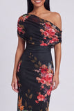 Vestido largo largo floral con estampado de tul de un solo hombro y tul negro