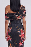 Vestido largo largo floral con estampado de tul de un solo hombro y tul negro