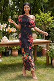 Vestido largo largo floral con estampado de tul de un solo hombro y tul negro