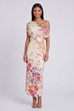 Vestido largo largo floral con estampado de tul de un solo hombro y tul negro