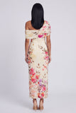 Vestido largo largo floral con estampado de tul de un solo hombro y tul negro