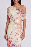 Vestido largo largo floral con estampado de tul de un solo hombro y tul negro