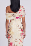 Vestido largo largo floral con estampado de tul de un solo hombro y tul negro
