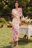Vestido largo largo floral con estampado de tul de un solo hombro y tul negro