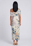 Vestido largo largo floral con estampado de tul de un solo hombro y tul negro