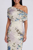 Vestido largo largo floral con estampado de tul de un solo hombro y tul negro