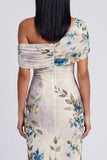 Vestido largo largo floral con estampado de tul de un solo hombro y tul negro