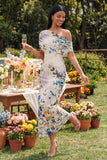 Vestido largo largo floral con estampado de tul de un solo hombro y tul negro