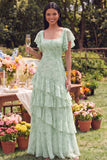 Vestido largo largo de línea con volantes de escote cuadrado con escote cuadrado de salvia polvoriento