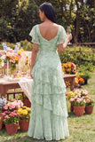 Vestido largo largo de línea con volantes de escote cuadrado con escote cuadrado de salvia polvoriento