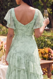 Vestido largo largo de línea con volantes de escote cuadrado con escote cuadrado de salvia polvoriento