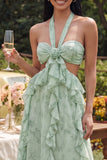 Vestido Maxi de línea A con volantes recortados con volantes y florales de salvia