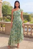 Vestido largo de flores asimétrica de un solo hombro verde polvoriento con volantes