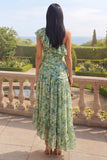 Vestido largo de flores asimétrica de un solo hombro verde polvoriento con volantes