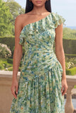 Vestido largo de flores asimétrica de un solo hombro verde polvoriento con volantes