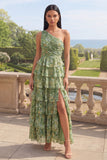 Vestido Maxi de un solo hombro verde polvoriento floral Línea A