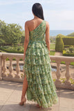 Vestido Maxi de un solo hombro verde polvoriento floral Línea A