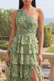 Vestido Maxi de un solo hombro verde polvoriento floral Línea A