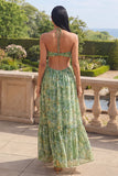 Vestido Maxi de la línea A con recortes con corte halter, floral verde polvoriento