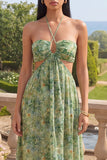 Vestido Maxi de la línea A con recortes con corte halter, floral verde polvoriento