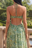 Vestido Maxi de la línea A con recortes con corte halter, floral verde polvoriento