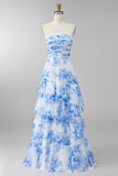Vestido largo de tirantes A Line, blanco azul, floral y con volantes