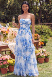 Vestido largo de tirantes A Line, blanco azul, floral y con volantes