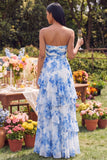 Vestido largo de tirantes A Line, blanco azul, floral y con volantes