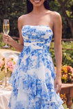 Vestido largo de tirantes A Line, blanco azul, floral y con volantes