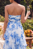 Vestido largo de tirantes A Line, blanco azul, floral y con volantes