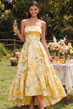 Vestido floral amarillo sin tirantes A Line High-Low