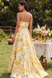 Vestido floral amarillo sin tirantes A Line High-Low