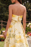 Vestido floral amarillo sin tirantes A Line High-Low