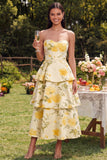 Vestido Midi de escaleras amarillo floral amarillo sin tirantes