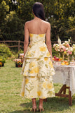 Vestido Midi de escaleras amarillo floral amarillo sin tirantes