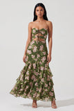 Vestido largo de sirena con volantes y floral verde oscuro sin tirantes recortados