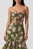 Vestido largo de sirena con volantes y floral verde oscuro sin tirantes recortados