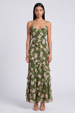 Vestido largo de tirantes finos florales verde oscuro con volantes