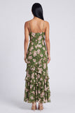 Vestido largo de tirantes finos florales verde oscuro con volantes