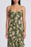 Vestido largo de tirantes finos florales verde oscuro con volantes
