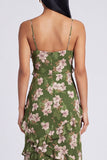 Vestido largo de tirantes finos florales verde oscuro con volantes
