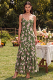 Vestido largo de tirantes finos florales verde oscuro con volantes