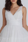Mini vestido de tul línea A marfil con escote en V y escote en V