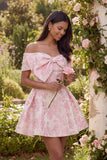 Vestido mini de bienvenida rosa Jacquard A-Line, con hombros y lazo.