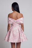 Vestido mini de bienvenida rosa Jacquard A-Line, con hombros y lazo.