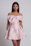 Vestido mini de bienvenida rosa Jacquard A-Line, con hombros y lazo.