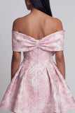 Vestido mini de bienvenida rosa Jacquard A-Line, con hombros y lazo.
