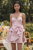 Vestido mini de bienvenida rosa Jacquard con volantes y lazo, línea A