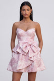 Vestido mini de bienvenida rosa Jacquard con volantes y lazo, línea A